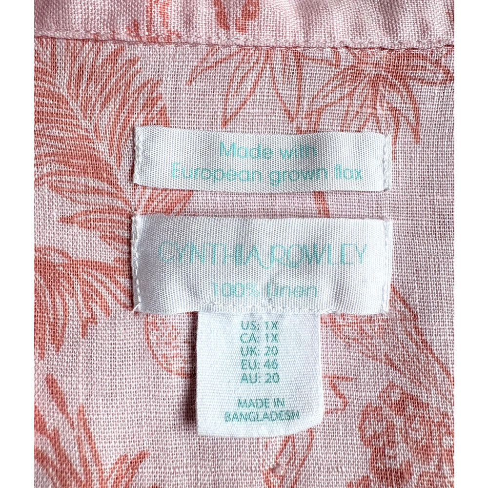 Cynthia Rowley Boxy Linen V-neck Button Up Top Peach Pink Toile Floral Size 1X - Picture 5 of 11